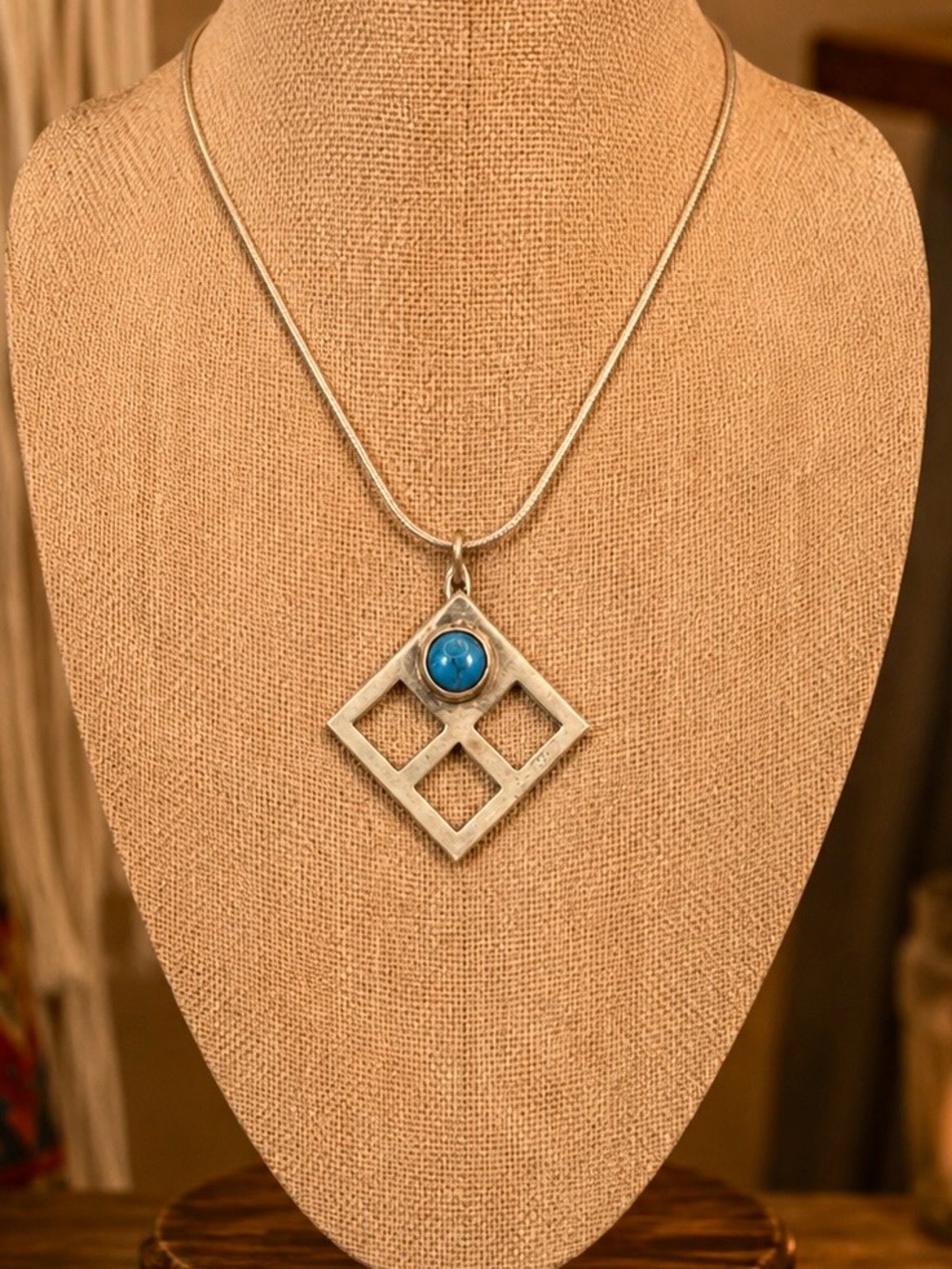 Italian Sterling Silver Chain Geo Pendant Necklace w Turquoise Stone Accent